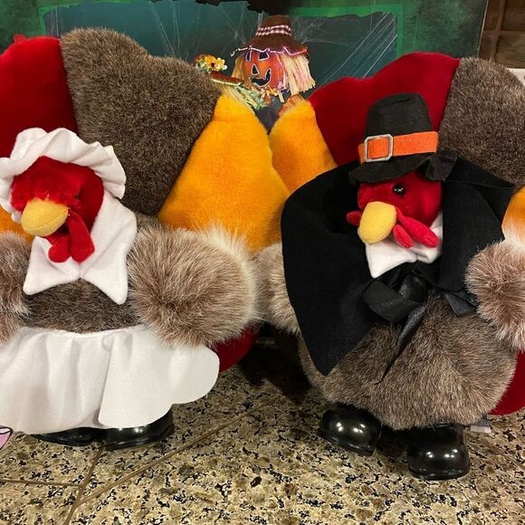 People Pals Vintage Plush Turkey Set Girl and Boy Thanksgiving Decorations - Picture 2 of 16